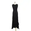 Vestido sin mangas de punto calado en relieve para mujer, cuello redondo, botones forrados de tela, corte ajustado, vestido largo con dobladillo irregular, falda de sirena