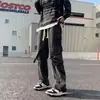 Calça jeans de trabalho estilo americano para rua, com múltiplos bolsos, para homens, adequada para primavera, outono e verão, fina, modelagem solta, perna reta, design de perna larga