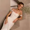 Vestido de Novia Ligero de Satén Estilo Francés Vestido de Noche para Mujer, Blanco Hombros Descubiertos Ajustado Sirena Vestido para Anfitrión de Reunión Anual con Cola Pequeña