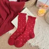 Meias Vermelhas para Mulheres, Meias de Lã Grossas e Quentes com Renda Doce e Laço, Meias de Cano Médio, Meias Vermelhas para o Ano Novo, Sem Costura