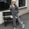 Conjunto Simples de Suéter Estilo Coreano para Mulheres, Blusa de Tricô Solta com Gola V e Amarração, Calça Reta, Conjunto Casual de Duas Peças para Outono e Inverno