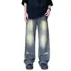 Jeans americano retrô rasgado para homens, comércio exterior transfronteiriço, marca da moda, estiloso e descolado, lavado e desgastado, corte reto solto com fendas laterais