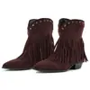 Botas de flecos de comercio exterior para mujer de otoño e invierno, botas altas de punta transfronterizas, suela de goma de color liso, tacón cuadrado, tacones altos de slip-on de talla grande