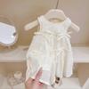 Vestido Francês Doce e Fofo para Meninas Estilo Verão Sem Mangas Cor Lisa Vestido Colete com Laço
