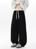 Calça Reta com Patchwork, Modelagem Solta, Calça Casual com Cordão de Cor Sólida, Calça de Moletom Casual Curva Vintage Resistente, Marca Tendência Unissex
