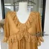 Camisa de Lyocell con Cuello en V Fruncido y Mangas Abullonadas para Mujer, Top de Verano con Adorno de Encaje