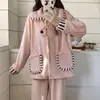 Novos Pijamas de Flanela para Mulheres Outono e Inverno, Espessos e Forrados com Fleece, Estilo Cardigan Doce e Fofo, Manga Longa, Roupa de Casa Quente e Moderna
