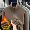 Moletom Masculino de Lã Grossa Dupla Face 2025 Outono e Inverno Novo Estilo Quente Meio Zíper Gola Alta Forrado com Lã Roupa Masculina