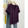 Ropa de verano transfronteriza para mujer de talla grande, cuello en V adelgazante, camiseta de manga corta de color liso con botones talla grande, top versátil de hombro normal para mujer, corte ajustado
