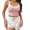 S--3XL Talla Grande Ropa de Casa Estilo Nuevo Sexy Encaje Tirantes Pijama Shorts Ropa de Abrigo para Mujer Corte Delgado Conjunto de Dos Piezas