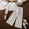Conjunto de Niña 2026 Otoño Nueva Moda Top a Rayas Patchwork de Manga Larga Off-Shoulder y Pantalones de Pierna Ancha Conjunto de Dos Piezas