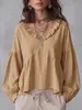 2026 Estilo nuevo transfronterizo europeo y americano manga larga holgado plisado volante color liso abertura cuello en V profundo blusa para mujer