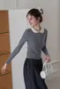 Suéter Curto EGKA com Gola de Boneca em Tricô de Ponto Torcido, Modelagem Justa, para Mulheres, Cardigã de Outono, Top Elegante e Emagrecedor de Manga Longa
