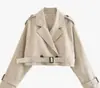 Trench coat curto feminino transfronteiriço, jaqueta curta com gola de lapela, trench coat de outono moderno de corte solto para mulheres, casaco de outono à prova de vento