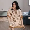 Pijama Transfronterizo para Mujer Verano Manga Corta Pantalón Recortado Jersey Cuello Redondo Estampado para Mujer Primavera y Otoño Traje de Ropa de Casa Ancho