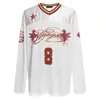 Camiseta de malla de manga larga retro americana, cuello en V, con estampado de Pegaso y el número 8, camiseta deportiva holgada, unisex