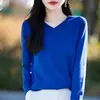 Suéter de malha de algodão puro, novo para primavera e outono, gola V, estilo coreano, cor sólida, solto e versátil, blusa base fina para mulheres