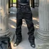 Jeans acampanados de mezclilla cruda para hombre con diseño retro de remaches de la alta calle americana, corte recto ajustado, pantalones casuales adelgazantes para el trabajo, modernos