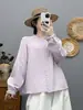 Camisa de manga larga con cuello alto de encaje para mujer, camisa casual artística de algodón puro, top de gasa de algodón de doble capa, favorecedora y moderna