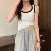 Verão Costura em Cores Contrastantes Camisole Curto Hot Girl Design Cintura Alta Slim Versátil Top Sem Mangas para Mulheres