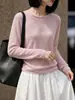 Blusa de tricô elegante estilo francês, sem costura, de manga longa para mulheres, gola redonda, minimalista, suave, modeladora, levemente transparente, blusa base fina