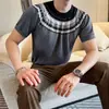 Camiseta de Verano para Hombre de Mezcla de Lana Estilo Étnico Tejido Fair Isle Fresca Cuello Redondo Manga Corta Tejido de Alta Elasticidad Venta al por Mayor