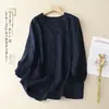 Blusa top de algodão e linho com decote V e manga três quartos para primavera e outono, novo cardigã versátil de abotoamento simples com punho elástico para mulheres