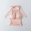 Camisola sin mangas de cuello alto medio con tiras al cuello para mujer Diseño con tira en la espalda Ajustada Plisada Sexy Espalda Descubierta Top
