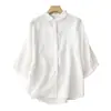 Camisa de Algodão e Linho com Mangas de Sete Pontos Estilo Francês Pregueada em Piano Retrô Artístico Solta Nova do Verão 2023 Cor Sólida Camisa Versátil
