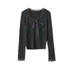 [Oufan] Suéter de Punto Gris Oscuro con Cordones y Cuello en V para Mujer, Top Básico de Manga Larga Ajustado de Nicho Otoñal 3210