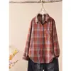 Coleção Outono 2026: Camisa Xadrez Tingida no Fio 100% Algodão, Blusa Artística de Manga Longa com Gola Polo, Camisa Casual e Versátil para Mulheres