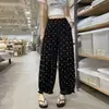 Pantalones casuales negros de lunares para mujer, pantalones cortos de verano finos de Tencel lino tipo linterna, nuevos pantalones anchos tipo bloomer