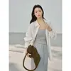 [Geming] Camisa Casual de Color Sólido Estilo Coreano con Solapa y Dobladillo Curvo Holgada para Mujer Primavera Manga Larga Superior S1077F