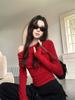 Camiseta roja con hombros al descubierto para mujer, diseño de otoño e invierno, con hombros descubiertos, corta y atractiva.
