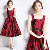 Novo vestuário feminino transfronteiriço primavera/verão decote U sem mangas jacquard cintura alta elegante vestido midi Vestido europeu e americano
