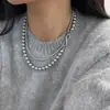 Collar de perlas de vidrio apiladas de doble capa con hebilla de 8 palabras microincrustada, cadena larga de cáñamo gris para suéter, multiusos