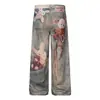 69813 Retro Americano Unisex Lavado Diseño de Estampado de Dibujos Animados 3D High Street Jeans Holgados de Pierna Ancha para Hombre