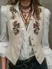 Chaleco Bordado Color Crema Estilo Western Retro con Botones Tallados, Efecto Ceñidor de Cintura y Adelgazante, Estilo Hippie Americano de Nicho para Superponer