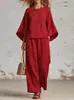 Traje casual de dos piezas holgado estilo europeo, top elegante de manga siete, pantalón de pierna ancha, ropa casual multicolor para mujer