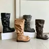 Botas de motociclista de estilo vintage de caña ancha con hebilla de cinturón, punta redonda, botas largas fruncidas, botas de equitación de tubo alto para mujer con suela gruesa y aspecto desgastado