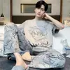 Pijama casual para hombre de manga corta y pantalón largo para verano, primavera y otoño, jersey de imitación de algodón, conjunto deportivo holgado estilo coreano, moderno