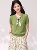 Bufanda de Seda Francesa Estilo Coreano para Verano, Corbata, Cuello en V, Tejido de Punto, Manga Corta, Hueco, Costilla, Delgado, Hielo de Seda, Top para Mujer