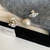 Pendientes de lujo con microcircón brillante y perla de Saturno de alta gama, con aguja plateada, dos pendientes delanteros y traseros para mujer.