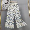 Pantalones de pijama de algodón y seda para mujer, estilo fino de verano, talla grande, pantalones de pierna ancha de cintura alta, adecuados para usar en exteriores, pantalones de playa de seda de algodón artificial, pantalones para casa