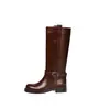 Botas de montar de cuero de vaca de dos capas para mujer, nuevo estilo otoño e invierno, punta redonda, hebilla de cinturón, tacón medio, botas rectas hasta la rodilla para mujer