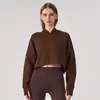 Chegada Nova Outono 2026 Esportivo Versátil Hoodie Outdoor Feminino Curto Cor Lisa Moletom com Capuz Solto Cordão Roupa Fitness
