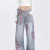 Pantalones vaqueros de primavera y verano para hombre con cinturón de cuadros, diseño de retazos desgastados, estilo unisex, aire juvenil, caída fluida, pantalones largos versátiles y elegantes