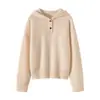 Suéter de punto grueso con capucha y botones de lana pura para mujer, otoño e invierno, sudadera cálida de punto informal de corte holgado