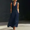 Primavera e Verão 2026 Tiktok Transfronteiriço Feito Sob Medida Estilo Preguiçoso Decote V Botões Algodão e Linho Vestido Longo Vestido Colete Sem Mangas