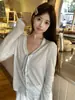 Foto real de cárdigan top casual de otoño estilo coreano, holgado, con bloques de color, rayas, de atar, manga larga, protector solar para mujer 19570